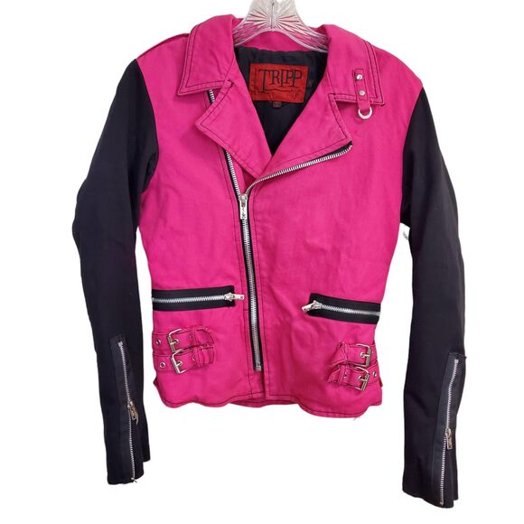 Tripp NYC  pink and black colorblock Moto biker punk Jacket S - Picture 1 of 13